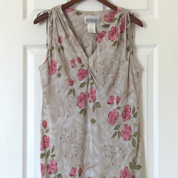 Jodi Michaels Y2K Vintage Floral Sleeveless V-neck Midi Shift Dress Beige 14 - Picture 2 of 11